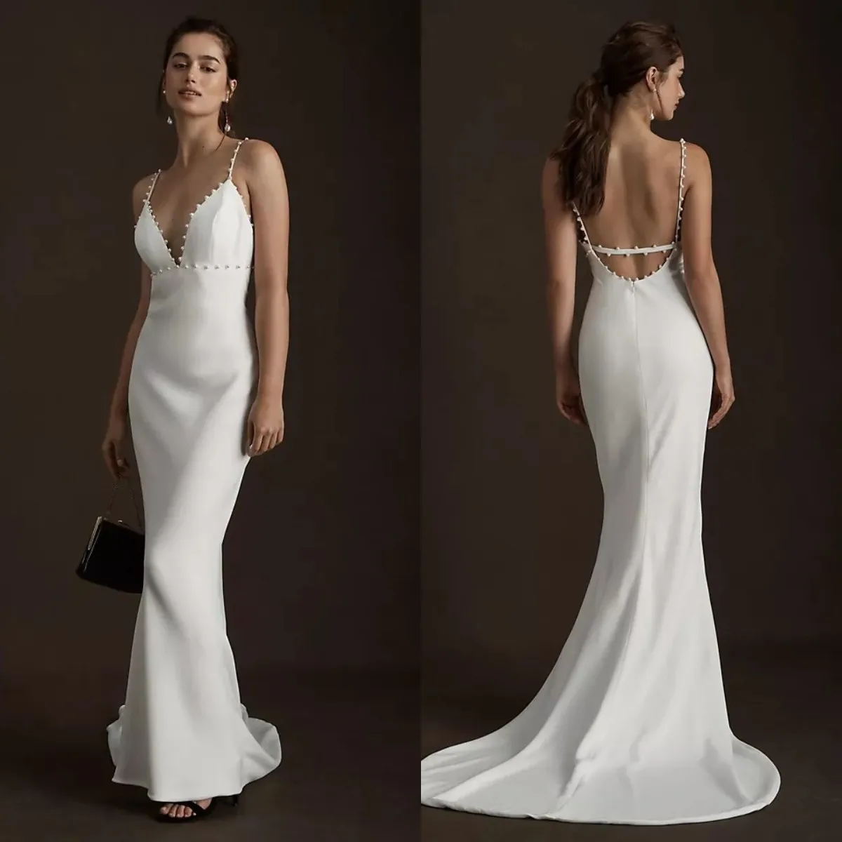 Elegant Solid Satin Wedding Dress with Beads Spaghetti Straps Bridal Gown Sexy Backless Slim Fit Romantic robe de moriee