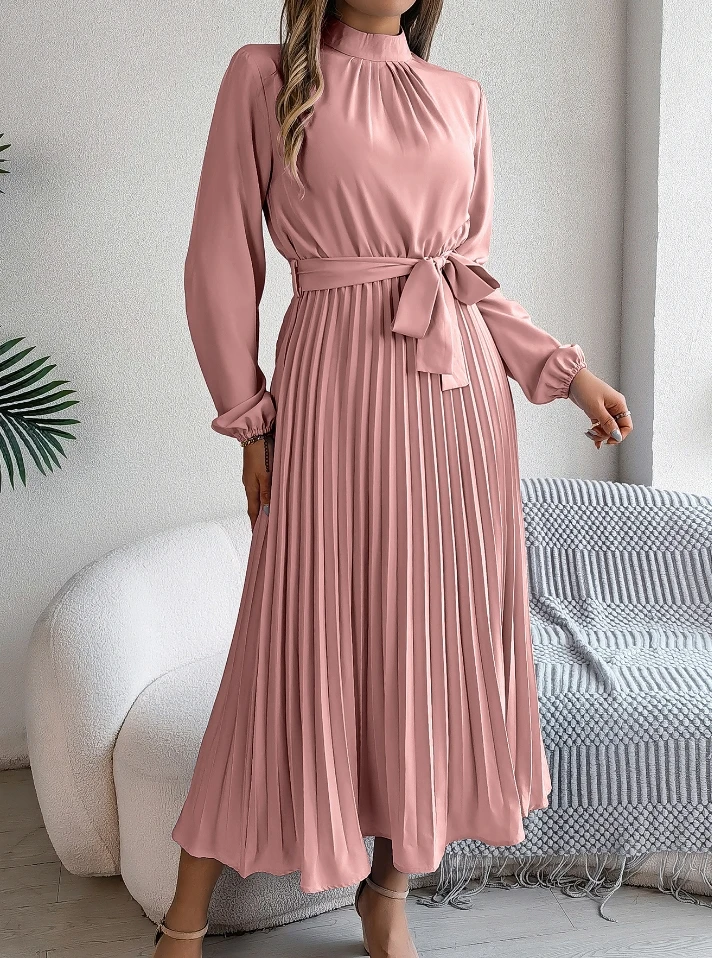 Women's Dress Elegant Commuting 2024 Solid Color Stand Up Mock Neck Long Sleeved Tie Detail High Waisted Pleated Maxi Dress