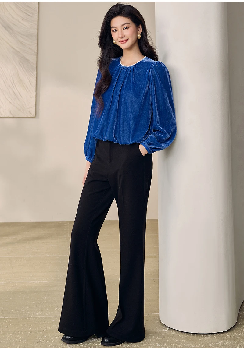 Natural Silk Velvet Women's T-shirt Pearl Trim Collar and Puff Sleeves, Loose and Oversized Vintage-style Oversized Top Women