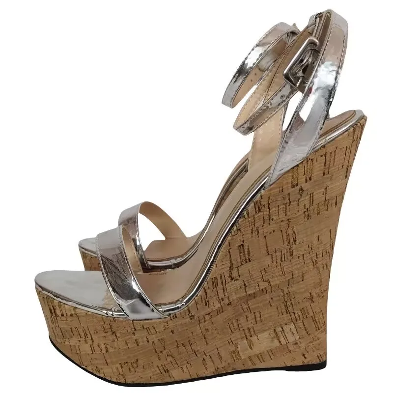 

DIZHUANG Fashionable women's high-heeled sandals. Silver patent leather sandals. About 15 cm heel height. Wedges sandals.34-46