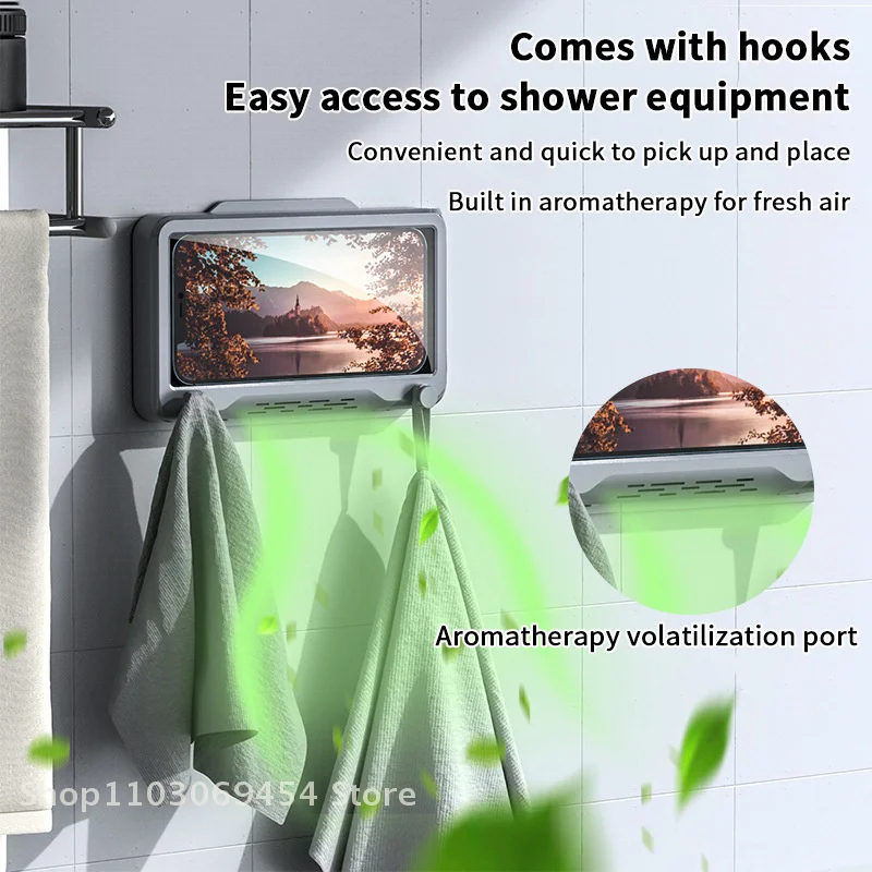 Funda impermeable para teléfono con rotación de 360 grados, con sección de aromaterapia y gancho para baño, cocina, diseño antiniebla