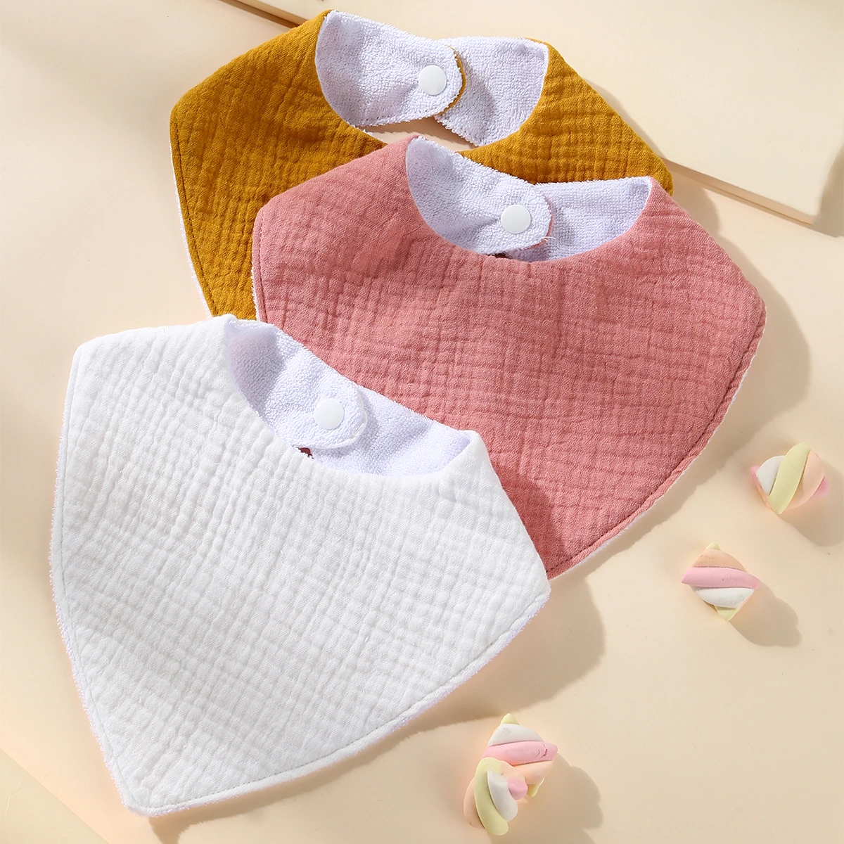 3Pcs Waterproof Feeding Drool Bibs Muslin Cotton Newborn Solid Color Snap Button Soft Triangle Towel Baby Bandana