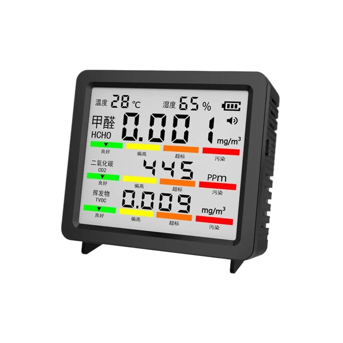 DT38 Large-Screen Temperature and Humidity Detector, CO2, Formaldehyde, and TVOC Detector,Multi-Functional Air Detector Black