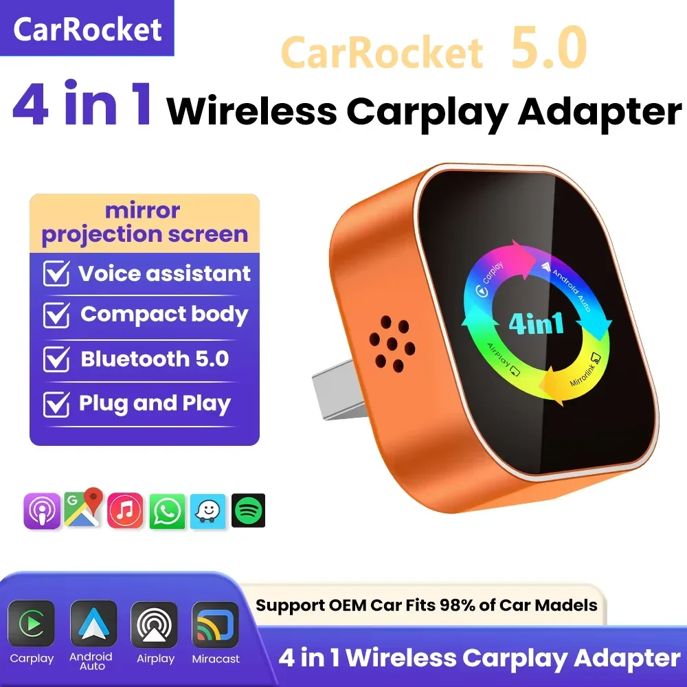 

CarRock 4-в-1: Новый усовершенствованный адаптер CarPlay, беспроводной Android Auto, Mirror Link, Smart Mini AI Box, USB, Plug and Play, автоматическое подключение по Wi-Fi