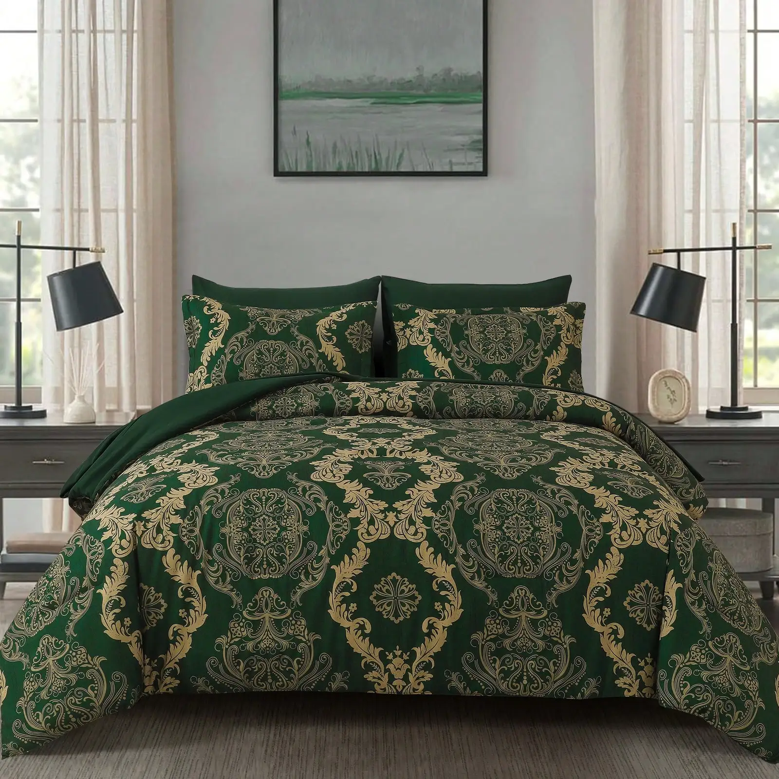 

Комплект постельного белья из 7 предметов цвета бургунди, размер Queen/King, с дамасским узором, коричневый, мягкий, легкий, из микрофибры.