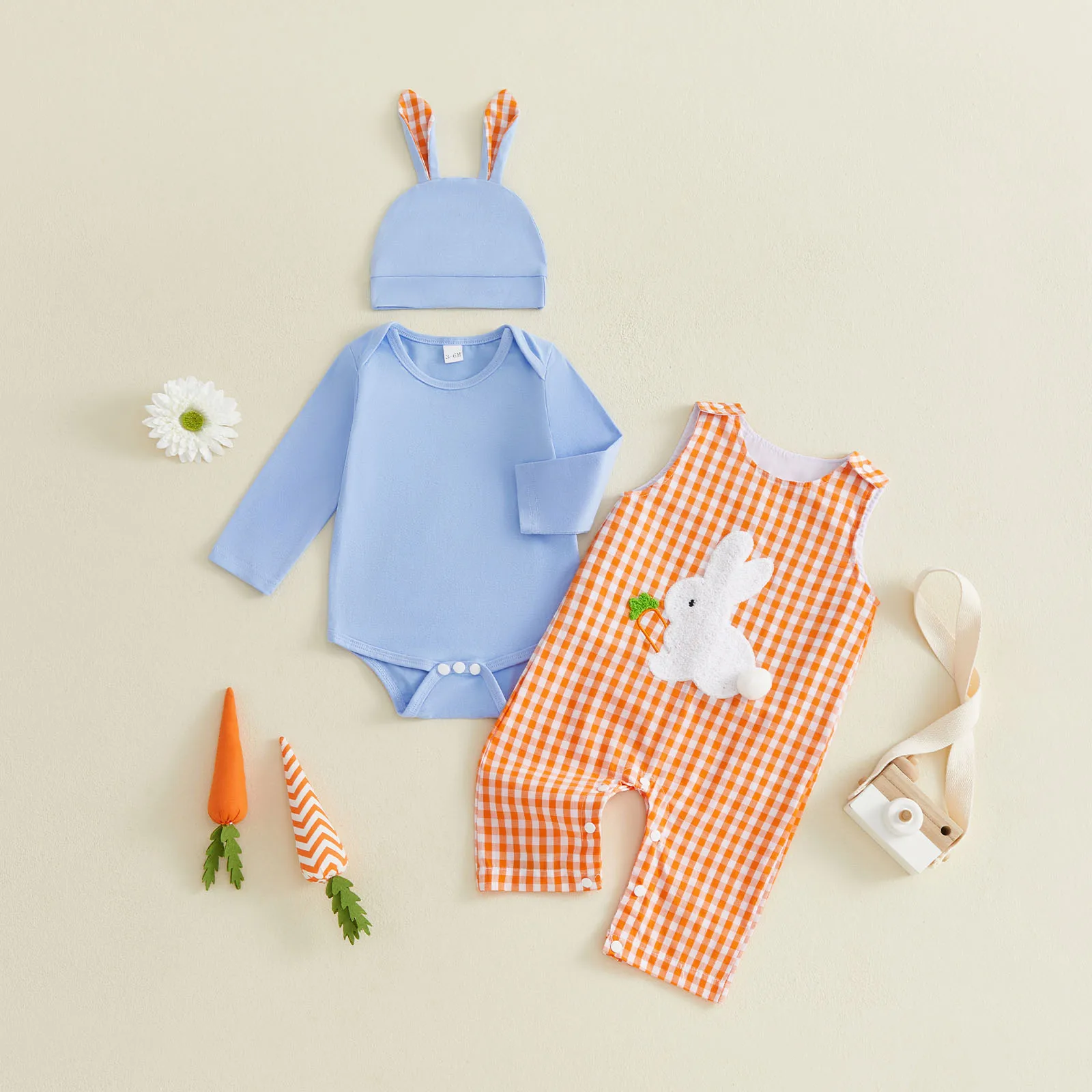 Baby Boy Easter Outfit Long Sleeve Romper with Plaid Embroidery Overall Pants and Hat Infant Outfit