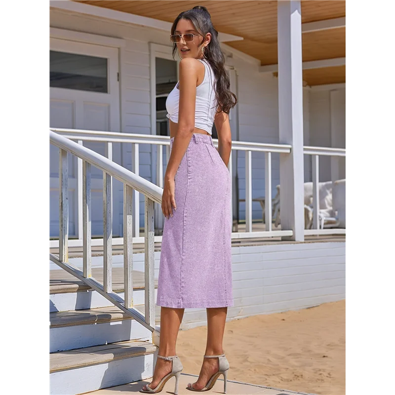 

Женская повседневная джинсовая юбка миди с разрезом, эластичная юбка с высокой талией и потертыми пуговицами-A55G