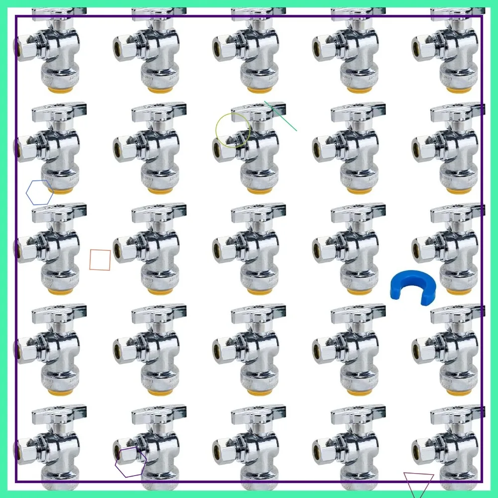 

Набор из 25 угловых запорных клапанов, компрессионные, 1/2 x 3/8 дюйма, для перекрытия воды в унитазе, латунные фитинги с быстрым подключением (1/4 поворота) для труб PEX