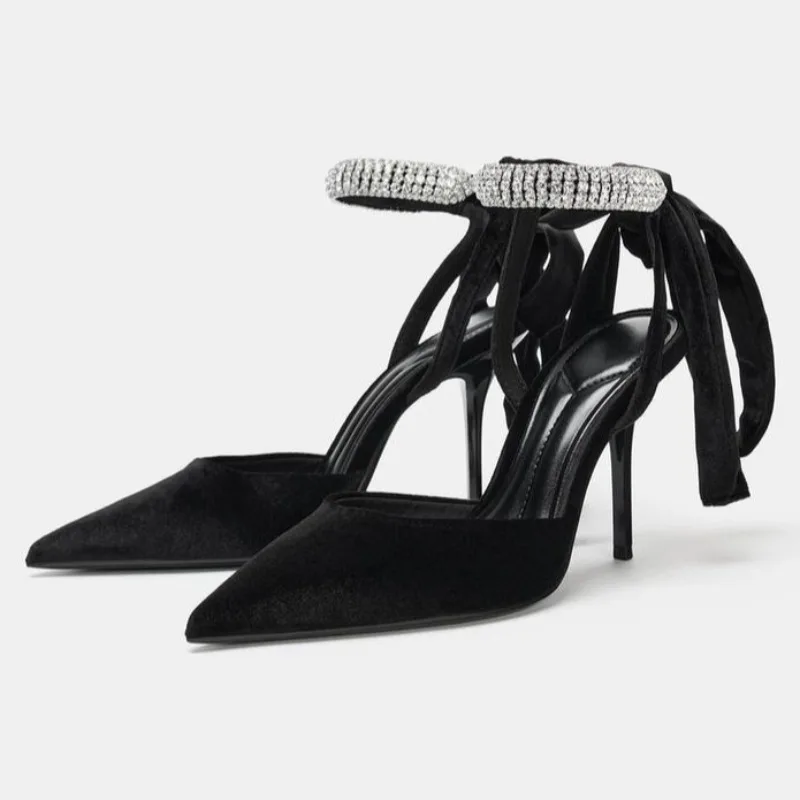 

Женские модные черные сандалии-мюли на шпильке с блестящими стразами, украшенные стразами, элегантные дизайнерские туфли с ремешком на щиколотке и бантом