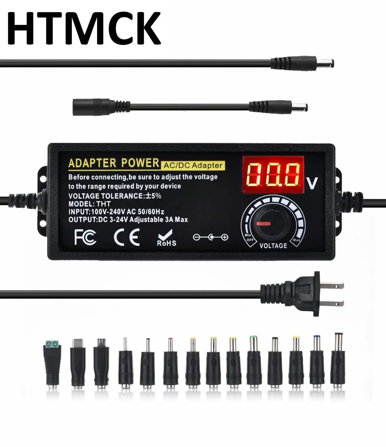 HTMCK 60W 3V-36V Adjustable Power Supply Adapter with LED Digital Display Universal Variable AC DC Charger for Gaming