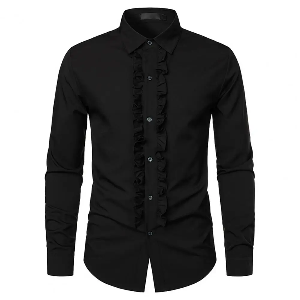 

Men Shirt Medieval Single-breasted Royal Style Ruffle Patchwork Lapel Collar Long Sleeve Formal Breathable Mid Length Men Top