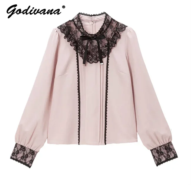 

Japanese Rojita Sweet Pink Black Bow Tie Lace Long-Sleeved Shirt Women's Lace Patchwork Blouse Spring and Autumn Blusas Tops