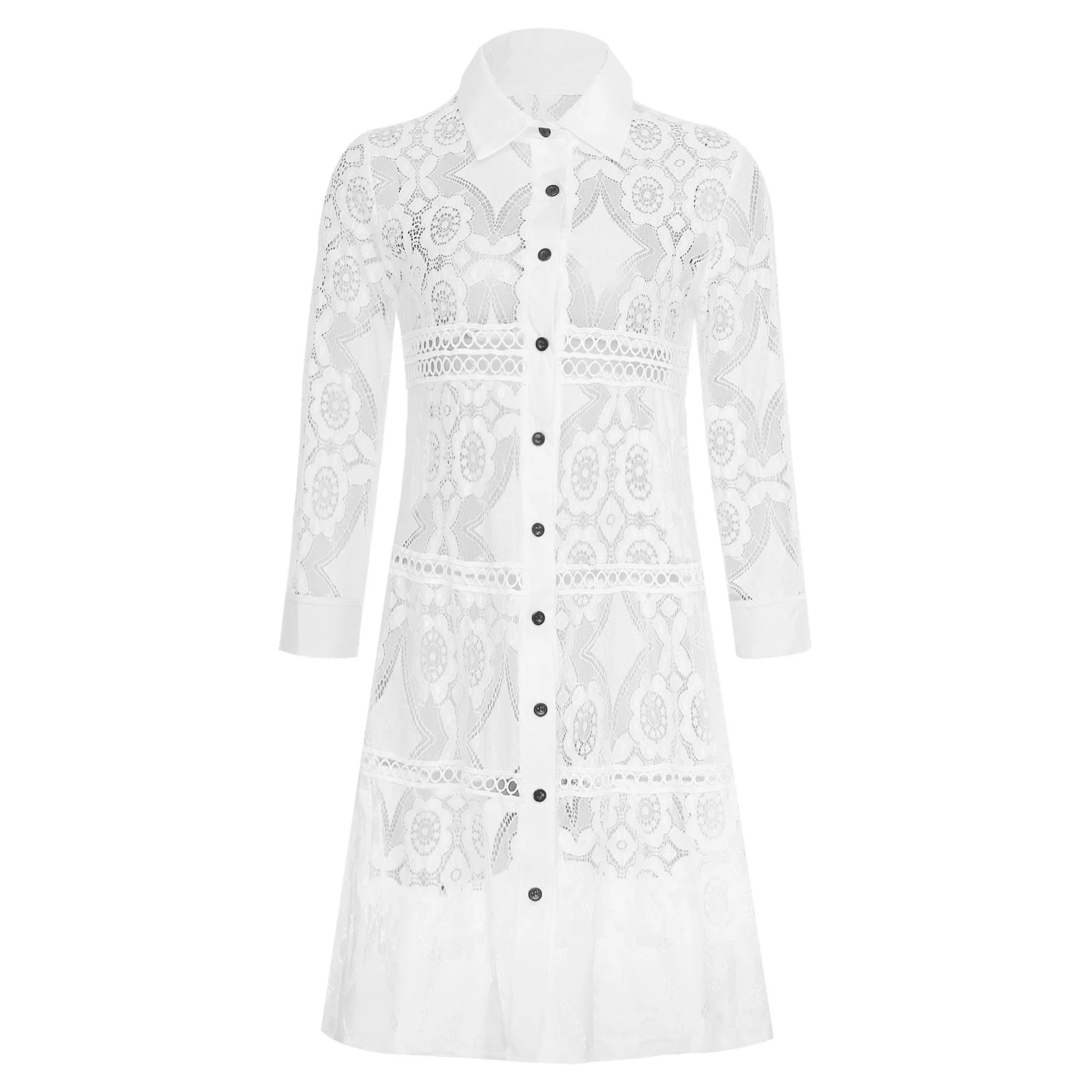 เสื้อเชิ้ตผู้หญิงผ้าลูกไม้ซีทรู แขนยาว ปกเสื้อเชิ้ต แต่งลูกไม้กิปัวร์ ติดกระดุม สไตล์โบฮีเมียน เสื้อคลุมตัวยาว เสื้อเบลาส์ เสื้อผ้าสุภาพสตรี