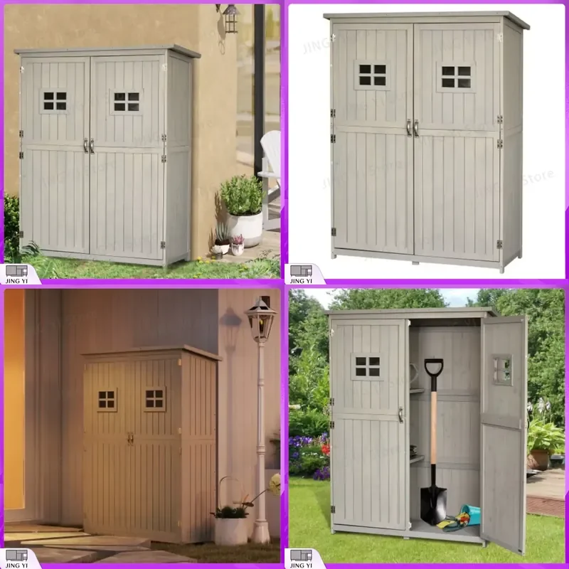 Wooden Garden Shed Outdoor Storage Cabinet with Two Windows Double Door Tool Organizer 127.5L x 50W x 164H cm Grey