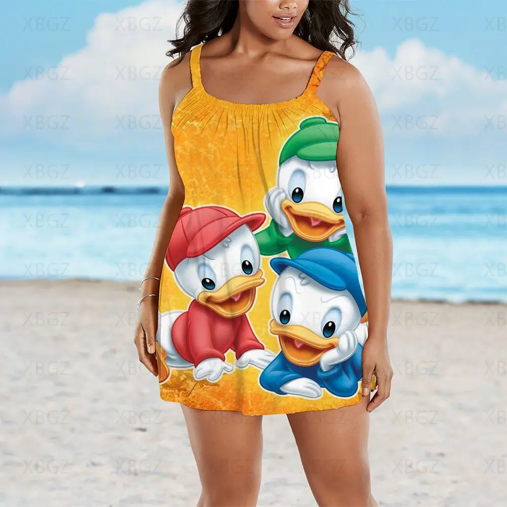 Plus Size Dresses Sleeveless Summer Outfits Woman 2022 Donald Duck Elegant Women Sexy Chic Dress Disney Print Beach Cartoon Boho