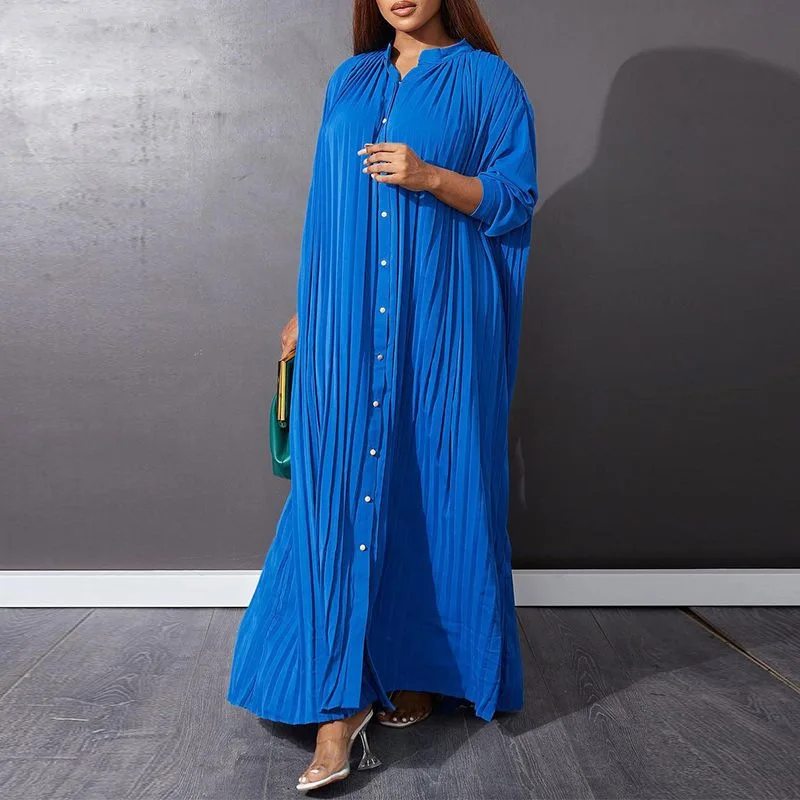 Women Eid Muslim Dresses Stand Collar Single Breasted Dubai Arab Vestidos Ramadan Casual Loose Kaftan Dress Solid Pleated