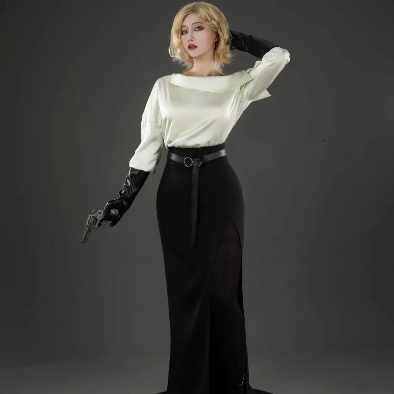 

Euro 7 Cos Grace Ashcroft Cosplay Costume Wig Resident 9 Elegant White Shirt Black Skirt Suit with Belt Earrings and Gloves 【【【2