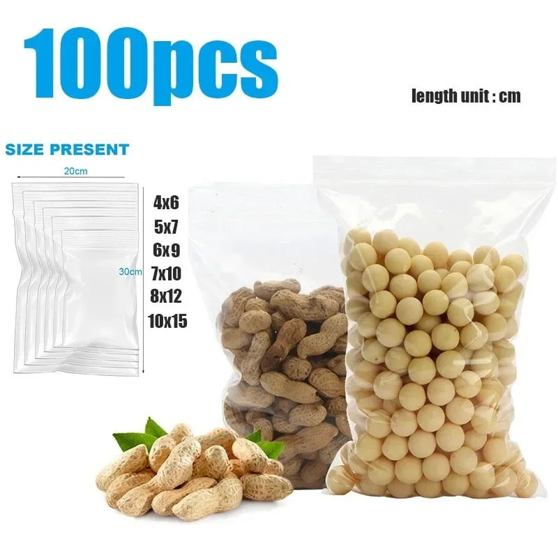 100/Pcs Pack Resealable Plastic Selaing Bags Clear Poly Reusable Bag Food Storage Reclosable Vacuum Fresh Organize Packaging Bag