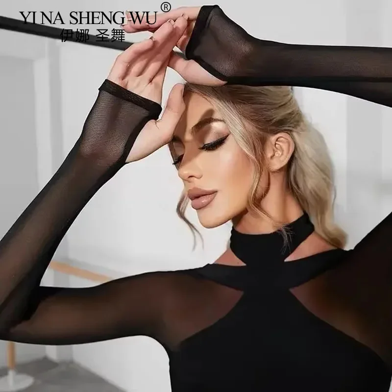 Body da ballo latino da donna Body da ballo incrociato senza schienale congiunto in rete nera Body da allenamento per danza latina sexy