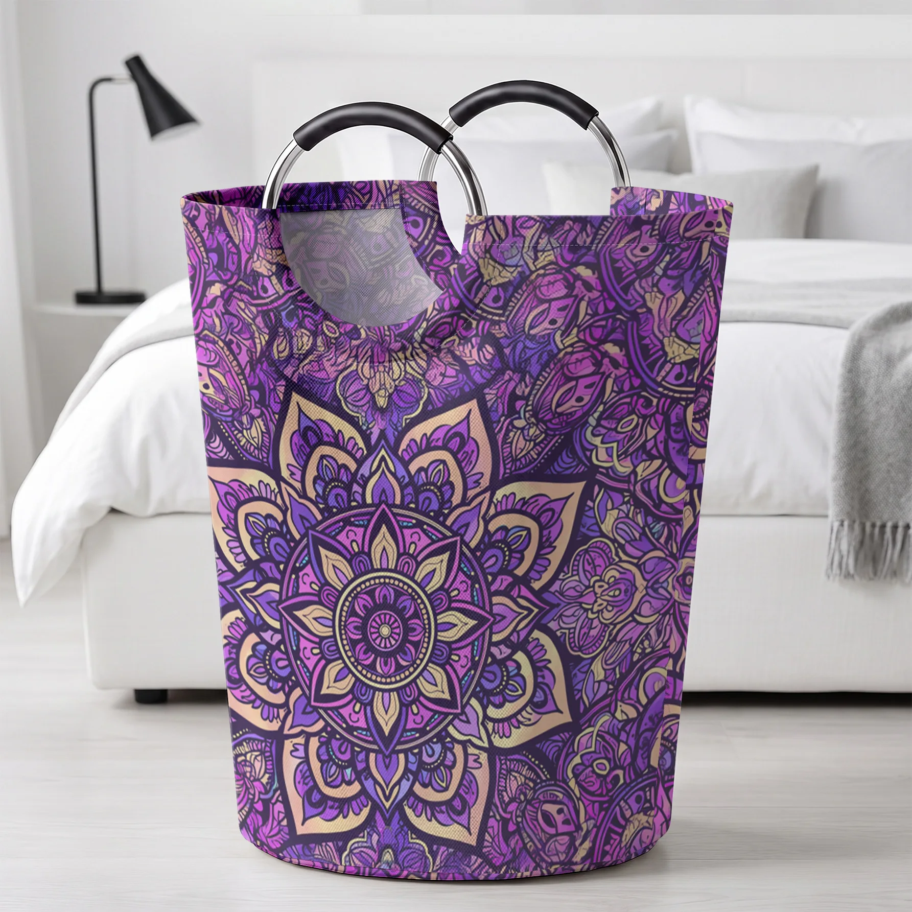 Purple Mandala Floral Print Handled Storage Basket, Large Capacity Organizer, For Laundry, Bedroom & Sundries Storage