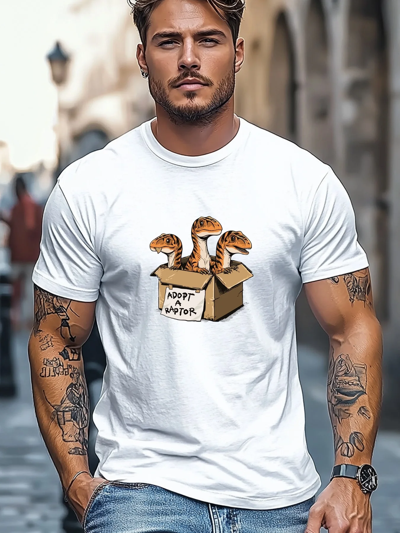 Men Funny Box Raptor Dino Print Cotton T Shirt Crew Neck Cartoon Dinosaur Male Summer Short Sleeve Casual Streetwear Daily Tops