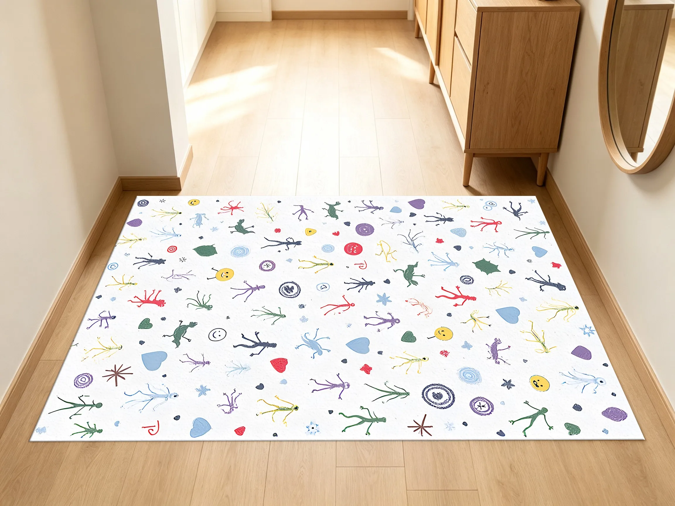 Colorful Stick Figure Doodle Velvet Rug, Lively Healing Decor for Children's Room, Bedroom & Play Area