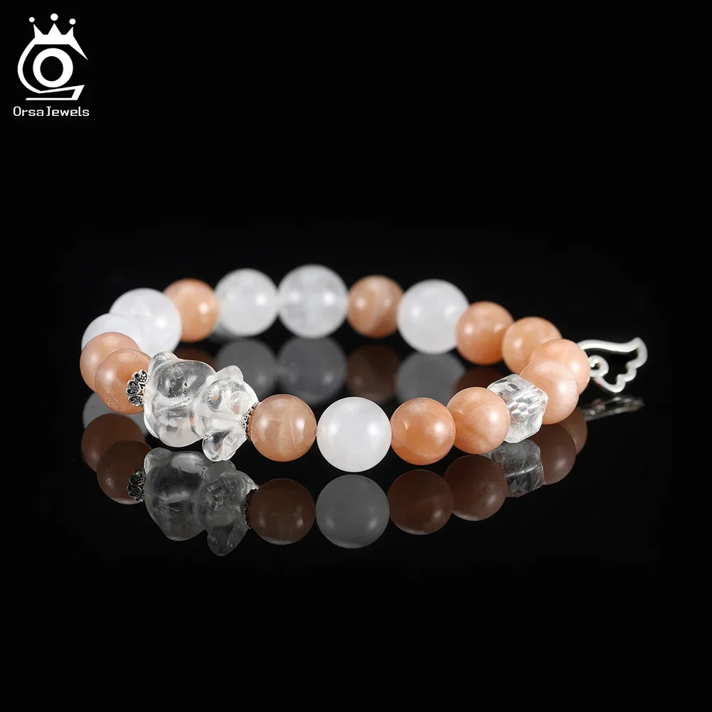 

ORSA JEWELS S925 Healing Crystal Natural Quartz & Sunstone Beads Bracelet Elastic Rope for Women Handmade Stretchy Jewelry GMB94
