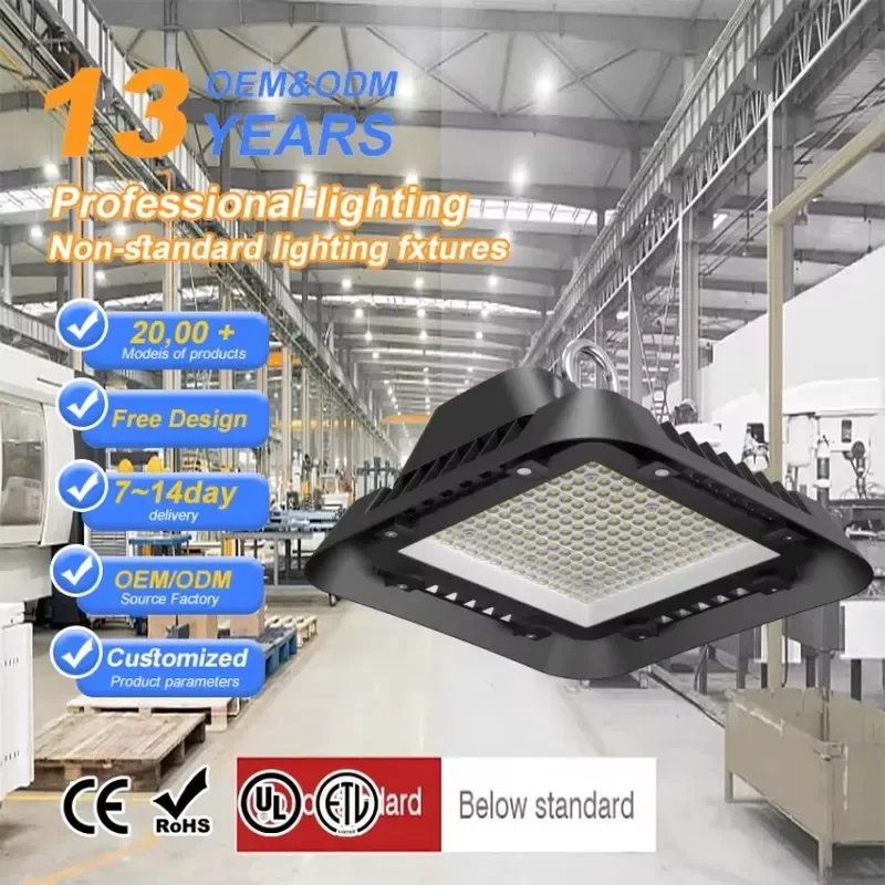 Square Outdoor High Bay Light for 100W 150W 200W IP66 5000K Dimmable Durable Die-Cast Aluminum CRI 80 Anti-Glare Easy