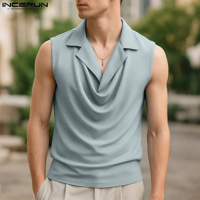 

INCERUN мужские топы на бретелях, однотонные плиссированные без рукавов с лацканами, повседневные мужские жилеты, летняя уличная одежда, свободная модная мужская одежда 2023 г.