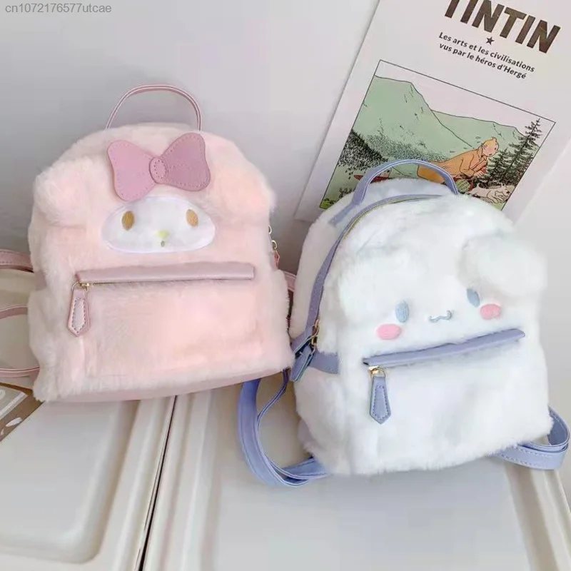 Sanrio Cinnamoroll Melody Y2k New Cotton Plush Furry Trendy Harajuku Woman Backpacks Cute Lolita Bowknot Fairy 2000s Schoolbag