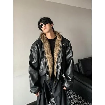 Jaket Musim Dingin Pria Premium Gaya Amerika Berkerudung, Mantel Kulit Tebal Berbulu, Kulit Imitasi Dua Sisi Terpadu, Tren Terbaru