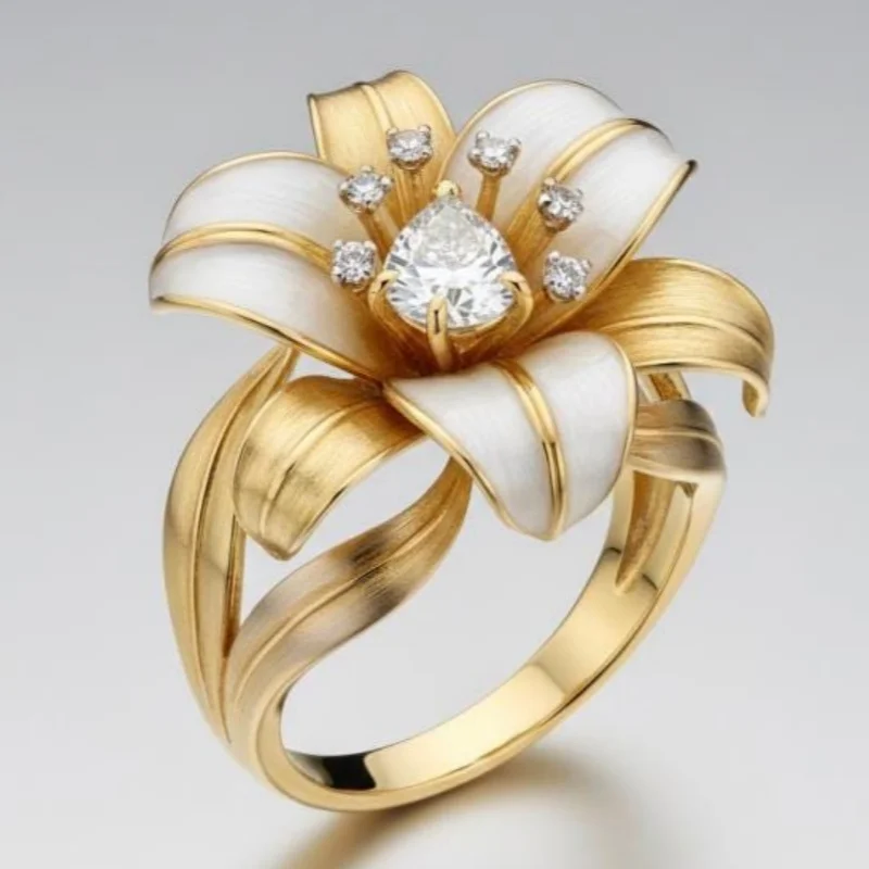 Exquisiter Damenring mit eingelegten weißen CZ-Steinen und emaillierter Blume, trendige goldene Farbe, handgeschnitzt, für den täglichen Gebrauch, Party-Schmuck, Jubiläumsgeschenk.
