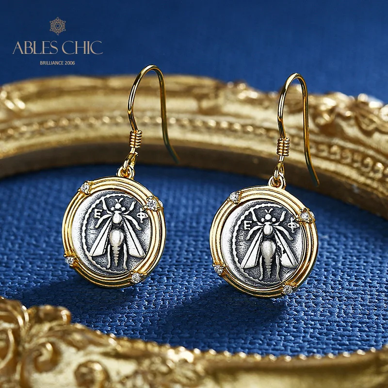 Ables Chic Ephesus Bee Greek Coins Solid 925 Silver Roman Coin CZ Accent Drop Earrings E1016