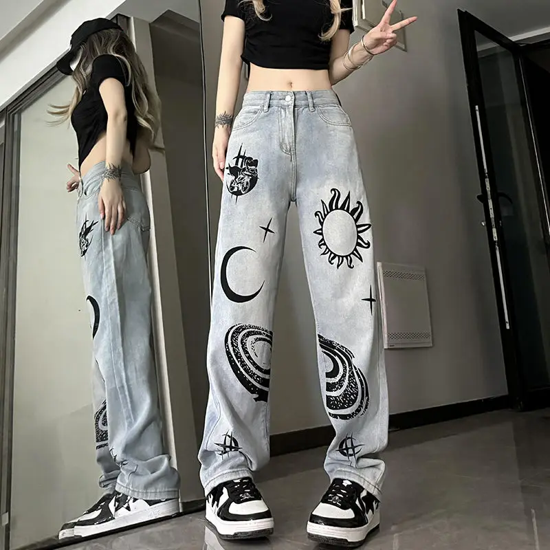 High Street Fashion Print High Waist Jeans Women\'s Button Pocket Zipper Trendy Versatile Slim Loose Covering Meat Straight Pants