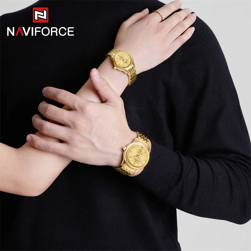 NAVIFORCE Pareja Reloj de pulsera de cuarzo de lujo Relojes con correa de acero inoxidable de moda para hombre y mujer Reloj luminoso resistente al agua de lujo