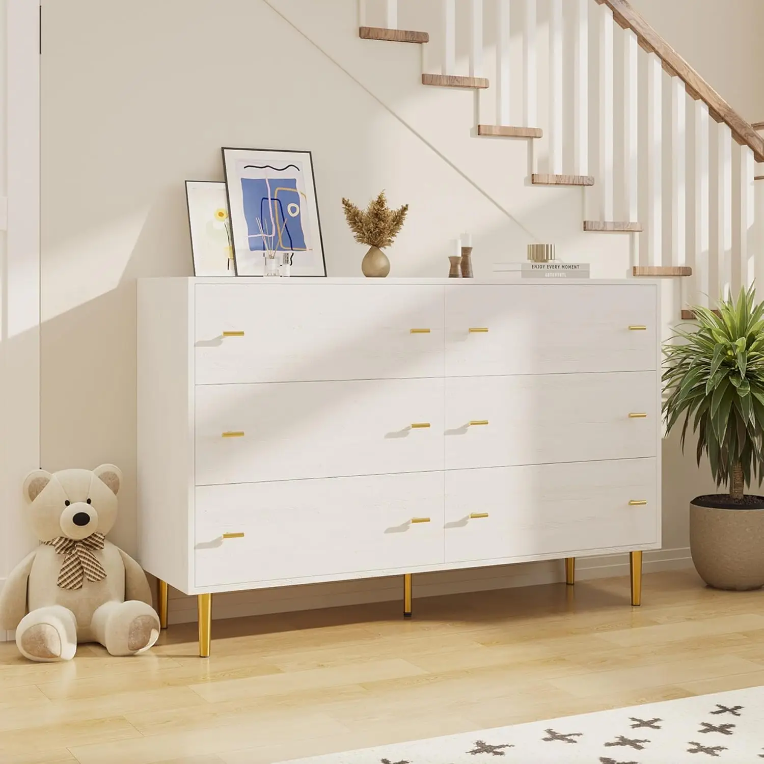 6 Drawers Dresser for Bedroom, 47.2 in Wide White Dresser Wood Rustic Chest of Drawers with Large Drawers & Bar Handles,Natural