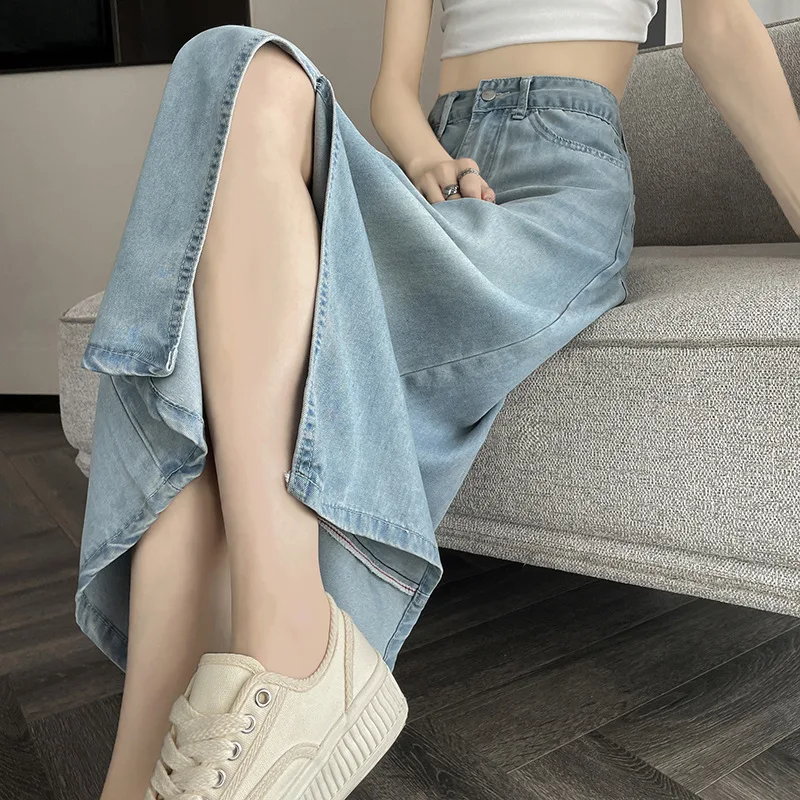 Neue Modische Hochtaillierte A-Linien Midi-Länge Einfarbiger Jeansrock Damen Frühling Sommer Modischer Bequemer Damenhafter Rock