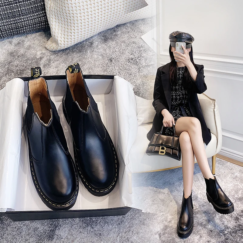 New women boots thick-soled boots black leather boots increased motorcycle shoes optical soles fashion sexy punk 35-42