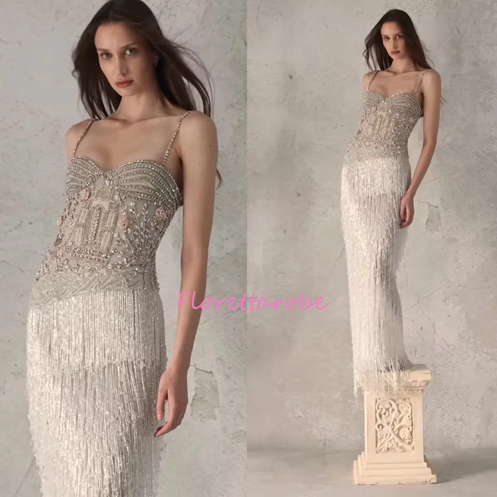 

Dubai Spaghetti Strap Evening Dress Mermaid Luxury Beads Tassel Women Formal Prom Gown Customized
