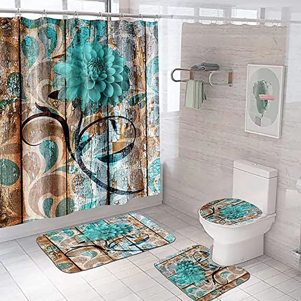 Bathroom Accessories 4 Piece Bathroom Decorative Sets Waterproof Shower Curtain Anti-slip Mat Toilet Mat