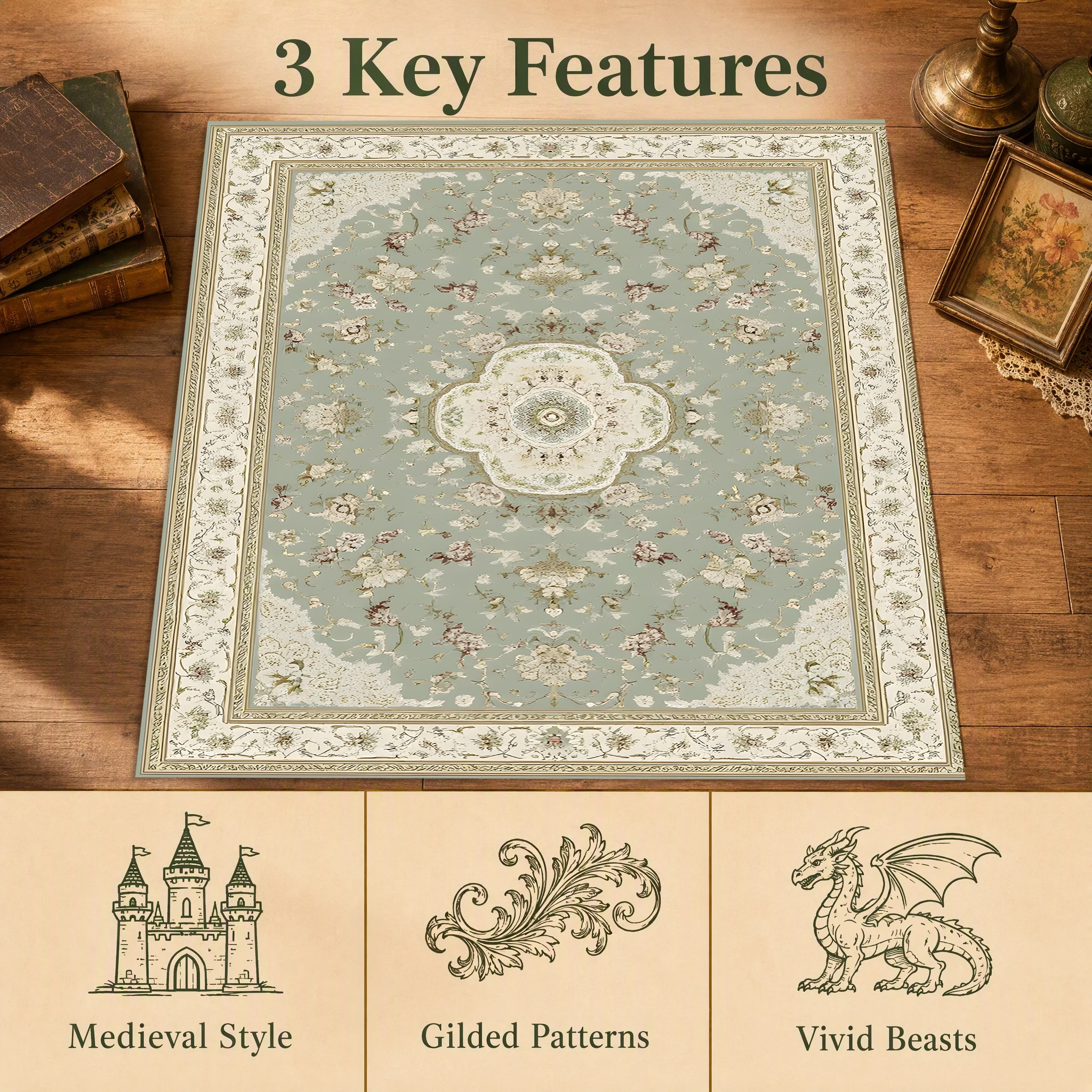 Light Blue European Floral Velvet Area Rug, Vintage French for Living Room Bedroom, Autumn Winter Christmas