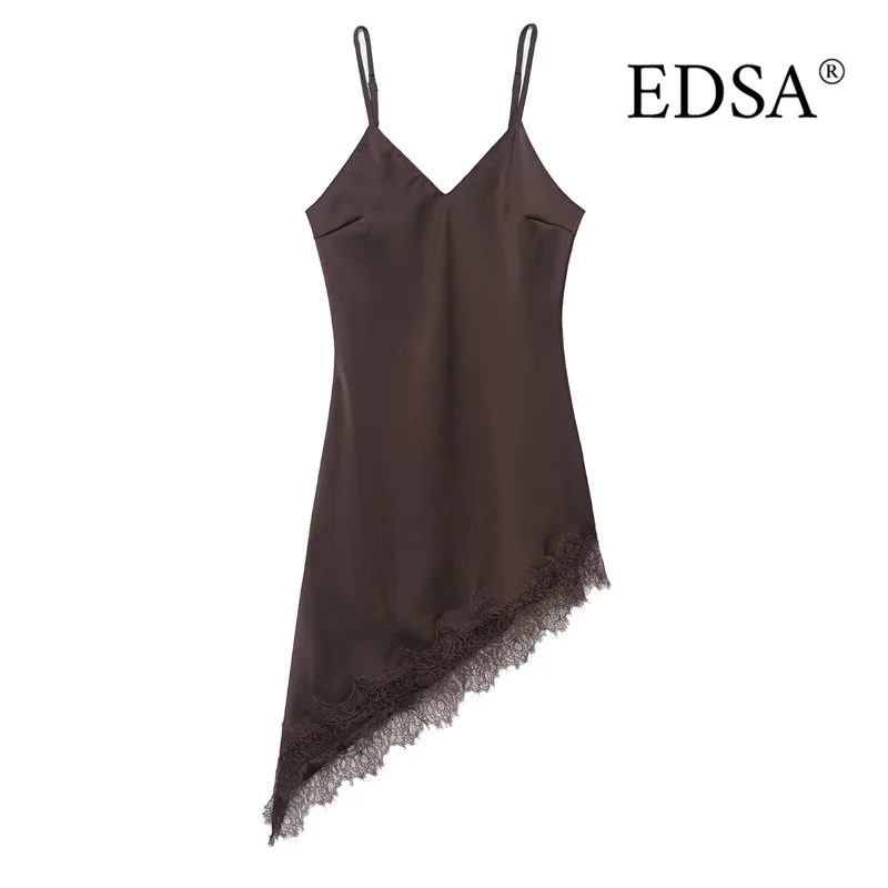 EDSA Minivestido asimétrico de encaje satinado para mujer con tirantes finos ajustables con cuello en V Vestidos cortos sin mangas de verano