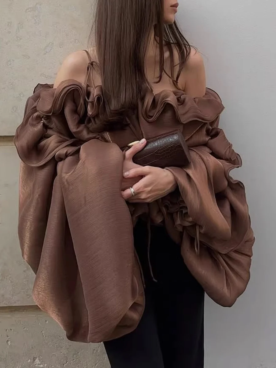TWOTWINSTYLE Spliced Folds Shirts for Women Slash Neck Long Sleeve Loose Solid Casual Pullover Blouse Female Fashion Clothes New