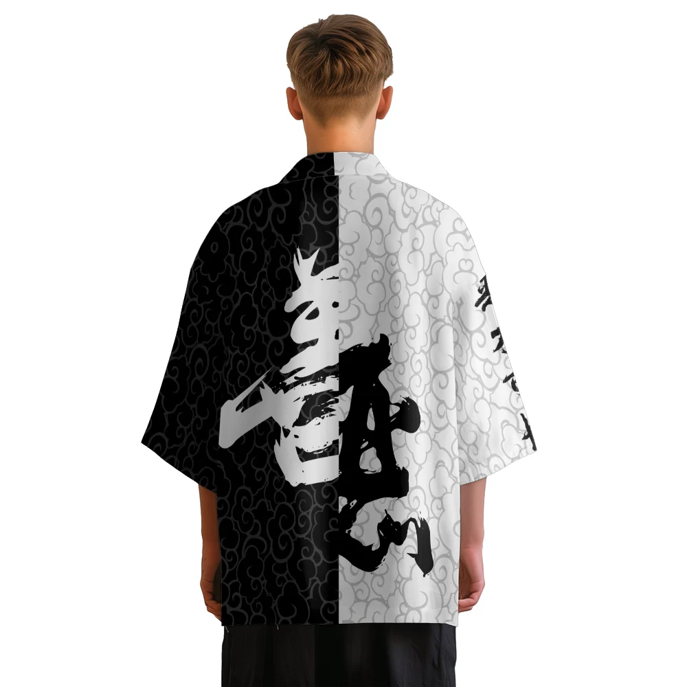 

Summer Kimono Men Fashion Retro Hawaiian Shirt Cardigan Letter Kimono Japanese Clothes Beach Bathrobes Women Yukata Haori