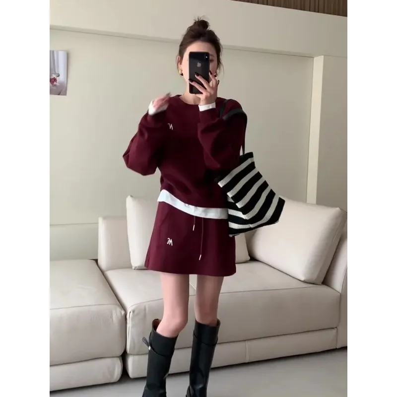 Women Elegant Fake Two Piece Sweatshirt Skirt Set Wine Red Casual Two Outfit Salt Style Daily Suit