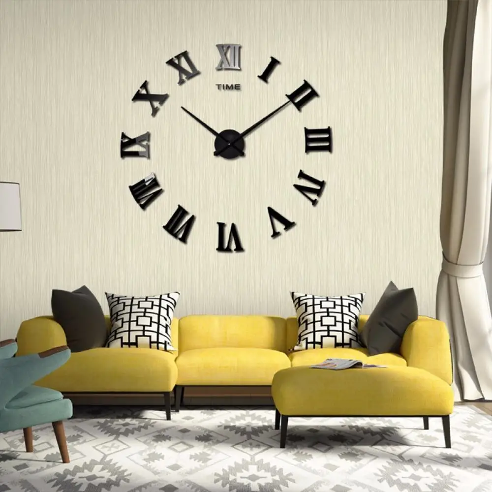 Modern Large DIY Wall Clock 3D Roman Numerals Silent Frameless Acrylic Mirror Decor Sticker For Living Room Creative Interior