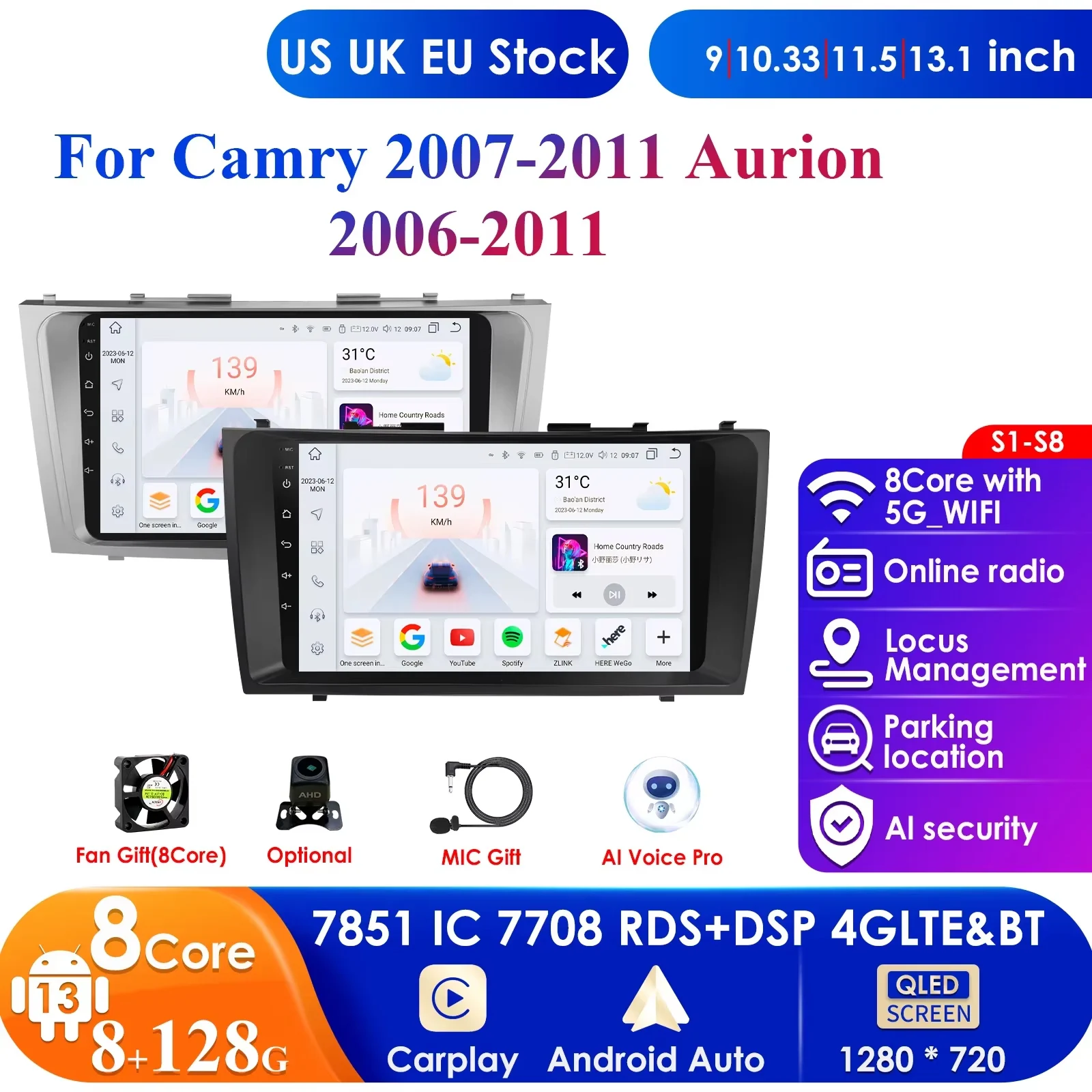 

Carplay Android 13 Car Radio Multimedia Video Player for Toyota Camry 2006-2011 Navigation GPS Head Unit Carplay Stereo Speakers