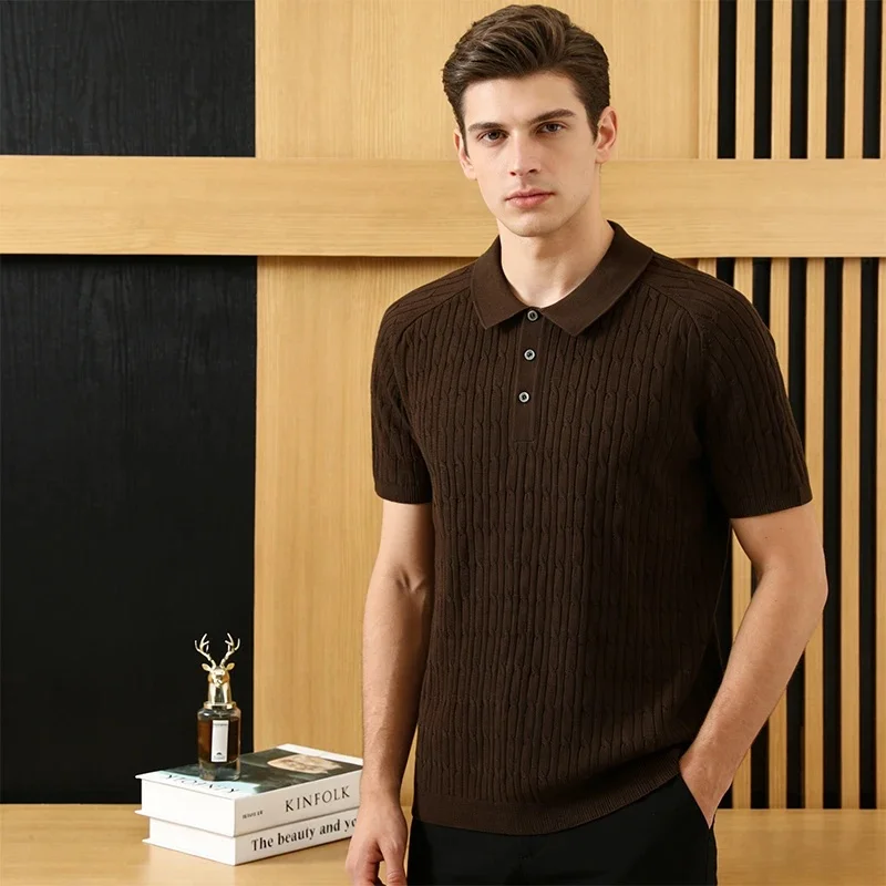 Summer new men's short sleeved sweater T-shirt solid color knitted casual pullover men's lapel sweater thin version ATTYYWS bran