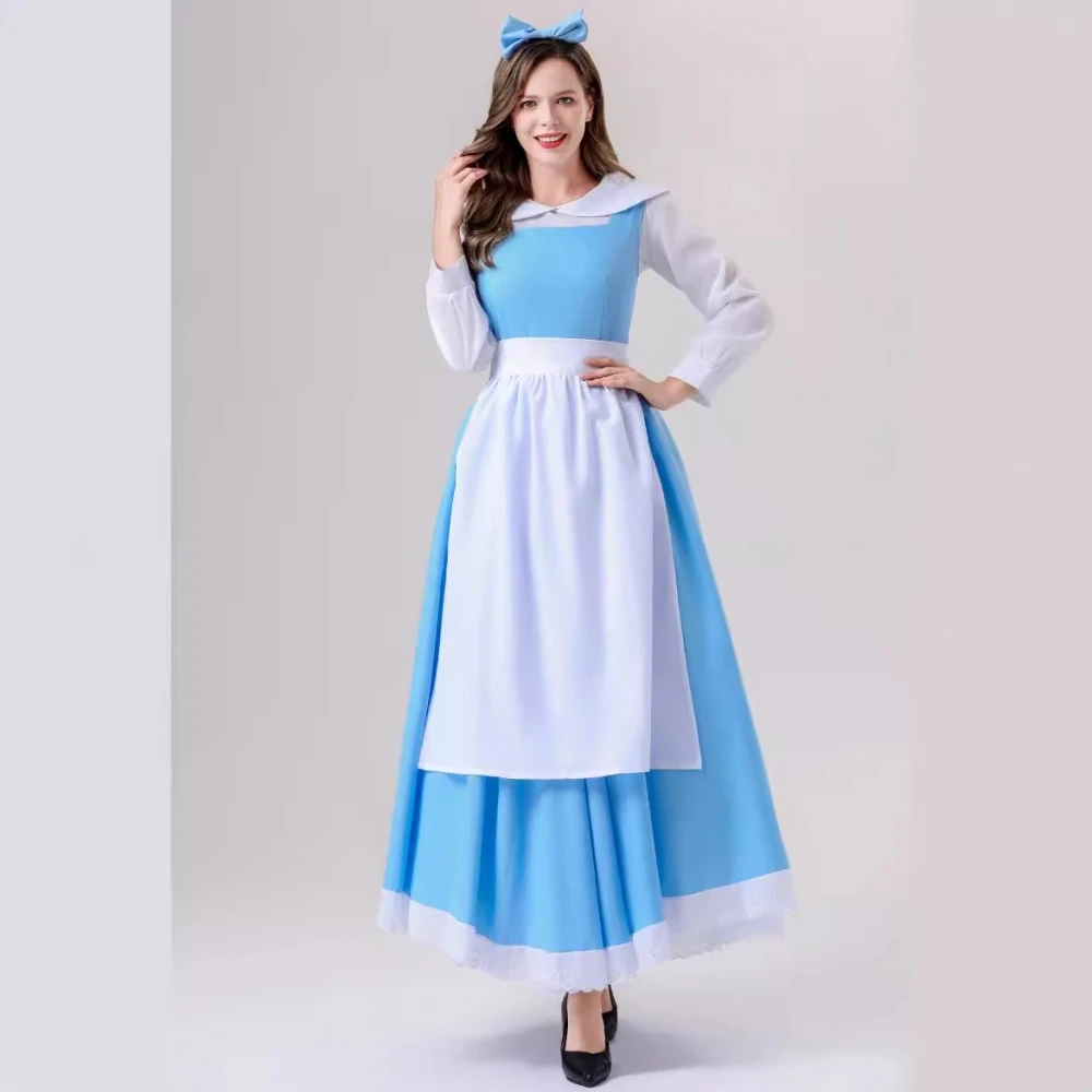 Fsia de Maid Azul Cosplay Princesa Belle Vestido Longo Fsia de loween Roupa Tradicional Chinesa para Mulheres