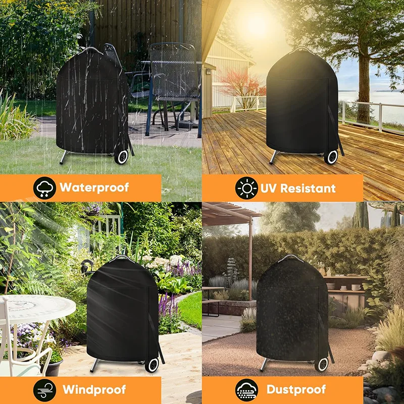 Black Round Outdoor Grill Cover with Top Handle Waterproof Heavy-Duty 210D Protection for Fire Pit Stove BBQ Electric view 6